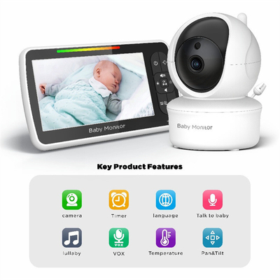 5 pulgadas cámara de monitor de video de bebé blanco con cámara de cuidado de bebé con zoom de inclinación